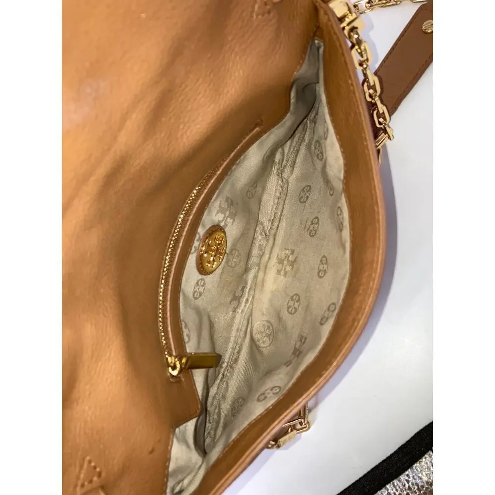 TORY BURCH SMALL LIGHT BROWN PEBBLED LEATHER CROSSBODY BAG